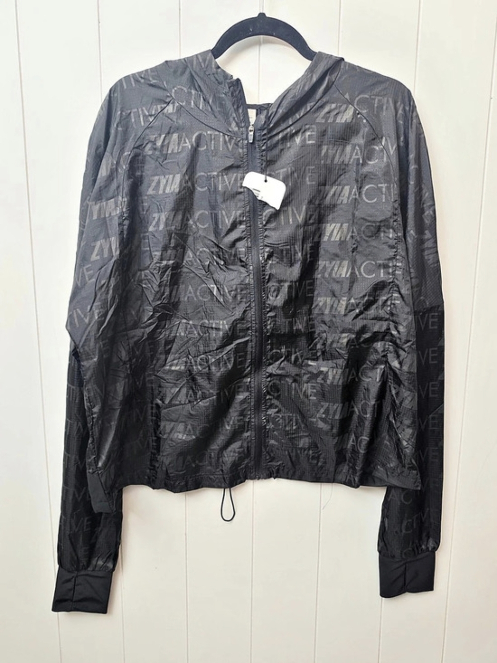 Zyia Active Black Logo Print Windbreaker Hooded Jacket Black XXL - Picture 2 of 4